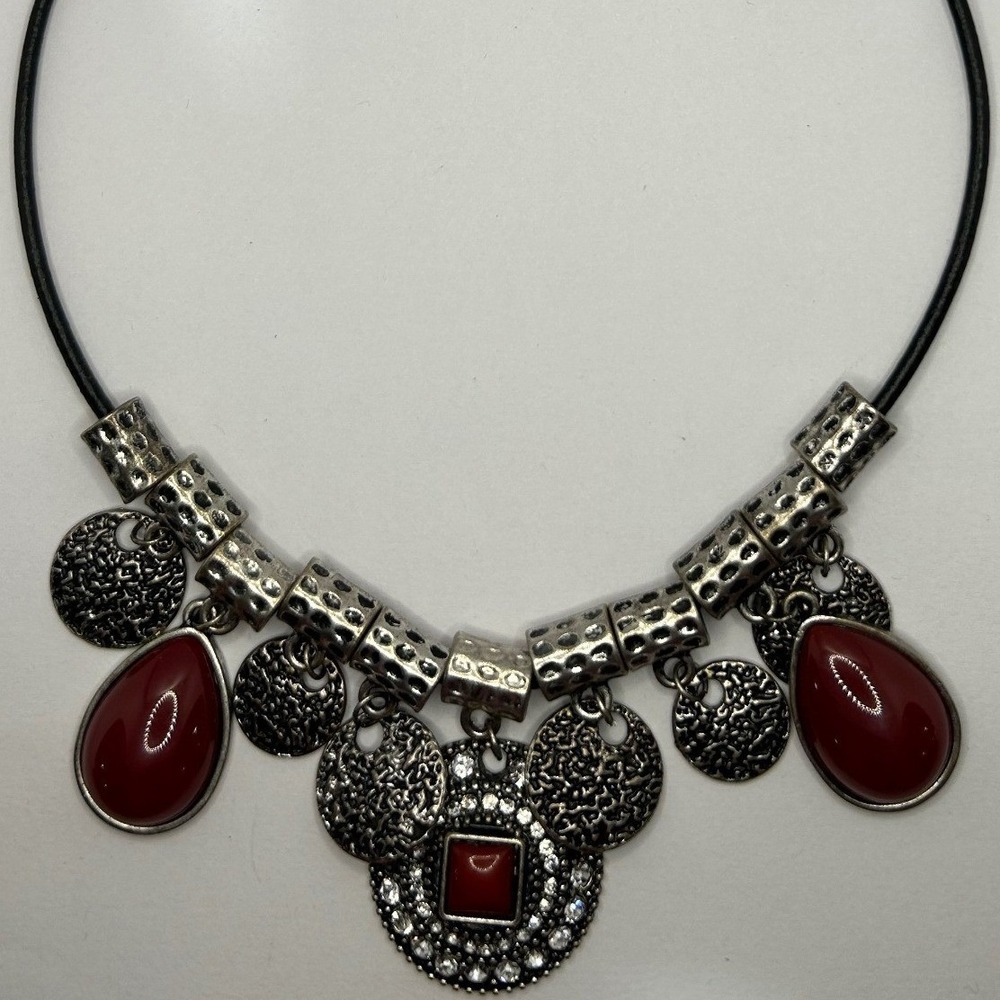 Premier Design Cayenne Red Bib Necklace Silver tone beads Fringe Bohemian 19"‎